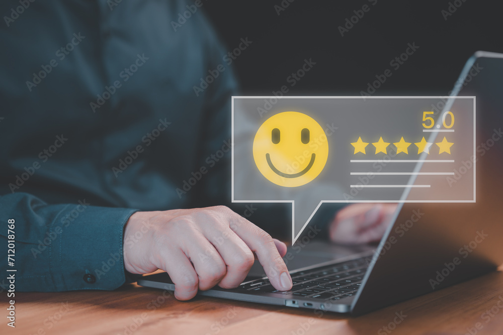 Aufkleber Client use a laptop give point with virtual screen on smile face icon for satisfaction in opinion and service. Customer satisfaction survey, service rating online, testimonial feedback review.