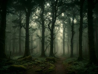 Green gloomy forest path