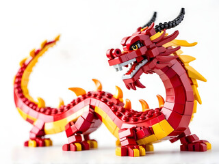 Chinese dragon of the year, Lego red dragon isolated in white background for chinese lunar new year celebration ornaments 