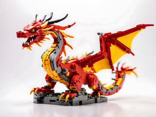 Chinese dragon of the year, Lego red dragon isolated in white background for chinese lunar new year celebration ornaments 