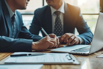 Business professionals discussing over a laptop with a stylus.