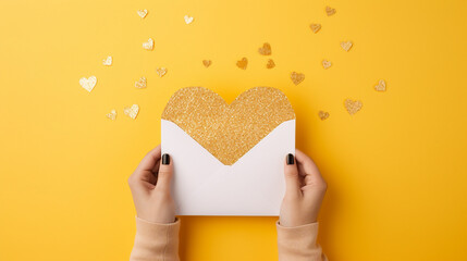 Top view photo of female hands in a vibrant yellow pullover, holding an open pastel yellow envelope with a white card, surrounded by scattered golden sequins on an isolated pastel orange background.  - obrazy, fototapety, plakaty