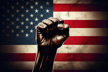 Human Hand, Black Fist Up on American Flag Background. Black History Month Celebration,  Freedom and Independence Day in USA