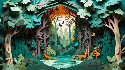 Paper cut scene of an enchanting forest filled with magical creatures and towering trees