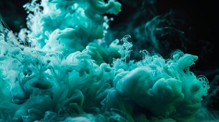 An iridescent teal ink swirl in water, creating a mesmerizing effect against a black background.