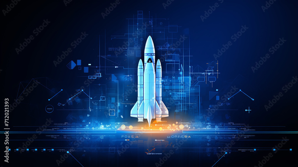 Wall mural abstract rocket launch. digital spaceship flying up