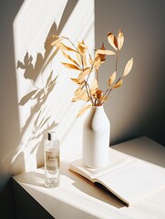 Dried leaves in a vase with a book and a bottle of perfume on a table