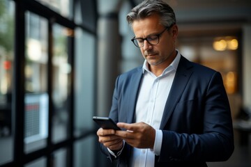 Obraz na płótnie Canvas Businessman holding a smartphone with a banking app open, Generative AI