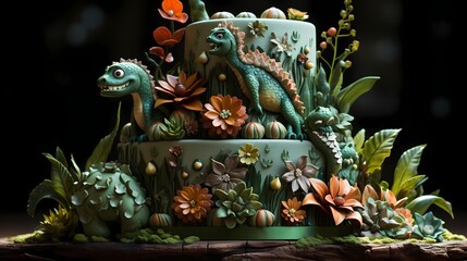 A playful dinosaur-themed cake with layers resembling dinosaur scales and adorned with edible...