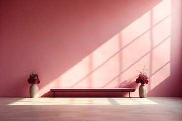 Empty pink room with bench and vases