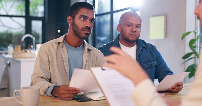 Couple, lawyer and documents with contract in meeting for investment, mortgage and insurance planning. Lgbtq, financial advisor and men with paperwork for estate agreement, finance and legal strategy