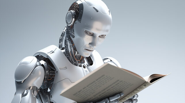 illustration of a robot reading a book or learning something from a book,