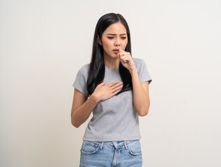 Asian Women have throat irritation mucus and coughing. Fever headache respiratory tract infection. Female unhealthy Sickness need to consult a doctor and get treatment. On isolated white background.