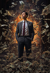 A young man dressed in a dark suit and red tie stands confidently amidst a shower of money. He is surrounded by hundreds of dollar bills, image of wealth and prosperity, vertical, copy space