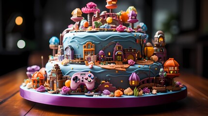 A playful video game-themed cake with layers resembling game controllers and adorned with edible game characters and pixelated decorations