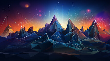 abstract digital mountains range with flags in a future