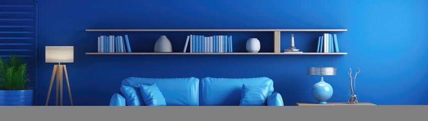 Blue living room with sofa and shelf - 3d rendering