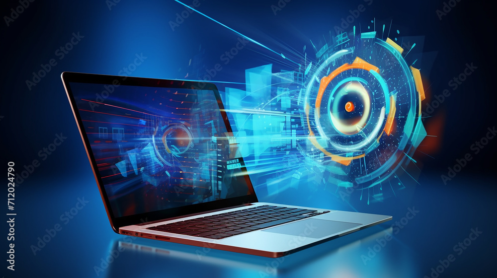 Wall mural techno background with abstract digital target with an arrow on a laptop screen