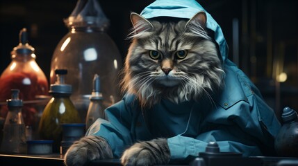A cat wearing a blue raincoat in a laboratory - obrazy, fototapety, plakaty