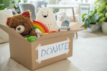 On the living room couch is a box full of toys for donation. Teddy bear soft toy