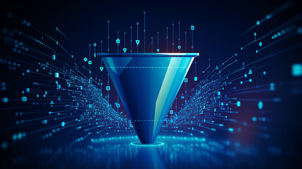 techno blue background with digital funnel and abstract data flow - obrazy, fototapety, plakaty