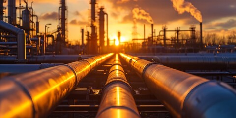 Industrial pipes at a factory with steam and the sun setting in the background.