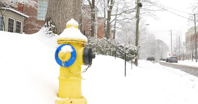 Profile shot of a Toronto fire hydrant  on the side of a road during an intense snow fall.