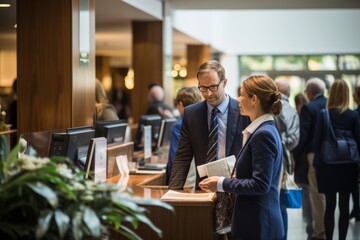 Modern banking hall with customers at teller counters, Generative AI