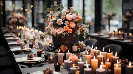 A stylish and modern birthday party setup with a sleek black and gold color scheme. The table is filled with elegant floral arrangements, candles, and a stunning birthday cake as the centerpiece - obrazy, fototapety, plakaty