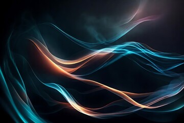 Smoky glowing waves in the dark. Dark abstract background with neon color light and wavy lines