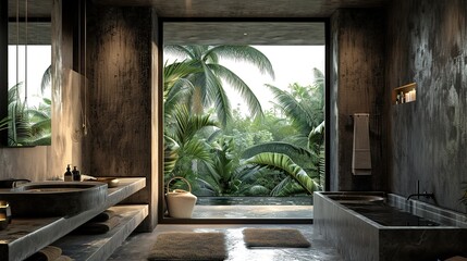 Fototapeta na wymiar 3d dark masculine bathroom with concrete walls and contemporary minimal design with view to palm trees