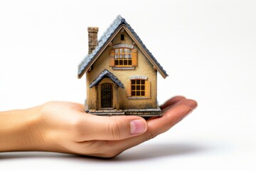 Hand holding a small model house against a white background.