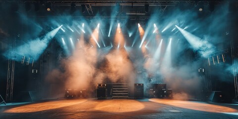 Empty concert stage with dynamic lighting and smoke effects. - obrazy, fototapety, plakaty