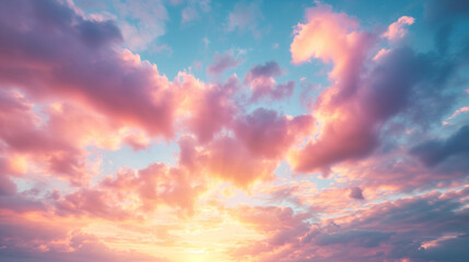 Real majestic sunrise sundown sky background with gentle colorful clouds without birds. - obrazy, fototapety, plakaty