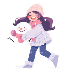 Kawaii Girl Making Snowman Flat Illustration