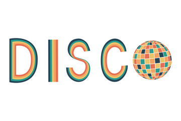Disco ball. Template for postcard, poster, banner. Disco party. Groovy. Clockwork elements in retro hippie style of 70s.