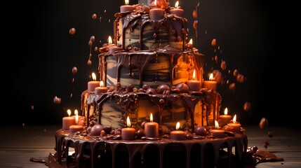 A tall, tiered cake with a cascading waterfall of chocolate ganache, adorned with thirty glowing candles