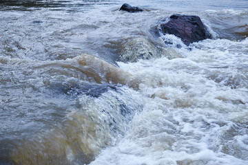 Altai river Katun in Spring season. Boulders in river rapids.