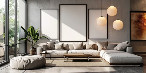 Cozy living room with modern furniture and a large blank frame on the wall.