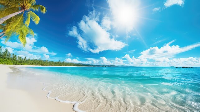 sun beach summer background illustration ocean vacation, paradise tropical, seashells palm sun beach summer background