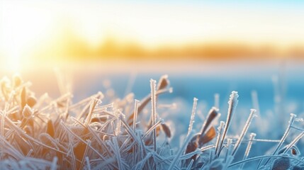 Captivating Frosty Winter Morning Macro: Frozen Grass Fields, Cold Weather Background with Copy Space for Text and Promotional Content
