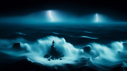 Aerial view, lighthouse in a stormy dark night, lightning and thunderbolt, huge waves hit the beacon and rocks, black clouds, landscape and seascape, sea and ocean