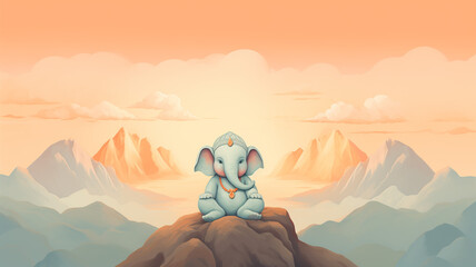 Minimalistic mountains in soft pastel shades with Baby Ganesha at the summit. - obrazy, fototapety, plakaty