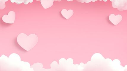 Pink background with hearts, clouds and copy space.