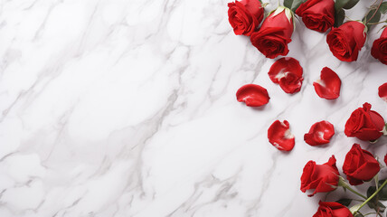 Roses scattered on a white Carrara marble, emphasizing contrast and elegance. 
