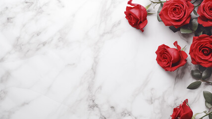 Roses scattered on a white Carrara marble, emphasizing contrast and elegance. 