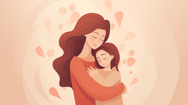 illustration of mom and daughter hugging each other with copy space for text,