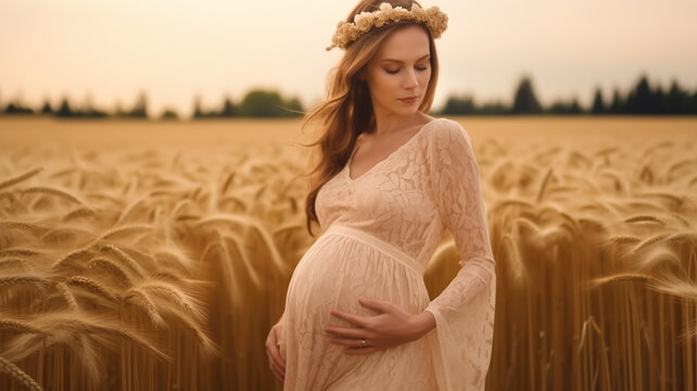 Pregnant woman in pretty beige lace long dress on wheat field.