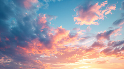 Naklejka na ściany i meble Real majestic sunrise sundown sky background with gentle colorful clouds without birds.