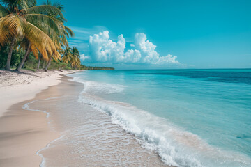 Realistic tropical beach with coconut palm trees. - obrazy, fototapety, plakaty